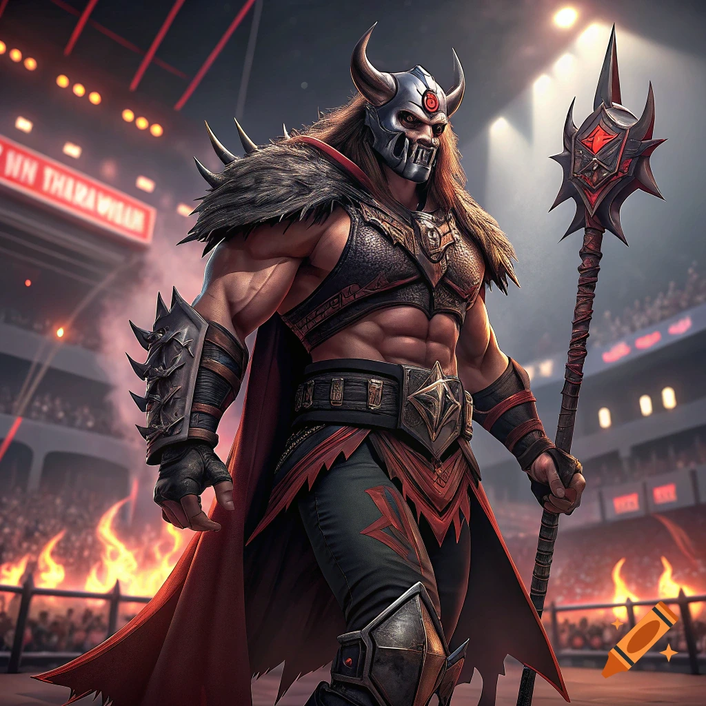 Muscular character in demonic armor and mask in a wrestling ring with flames.