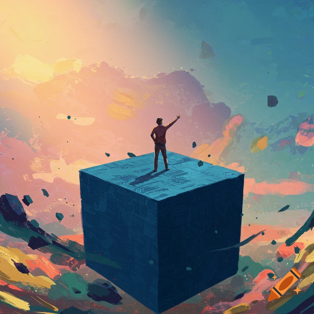 A person stands on a large blue cube in an abstract landscape, pointing upwards.
