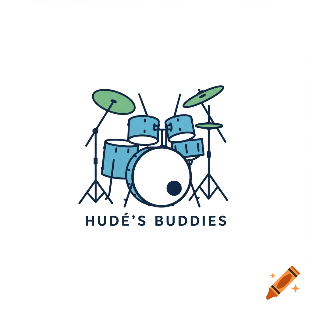 Simple blue and green drum kit logo with text below.