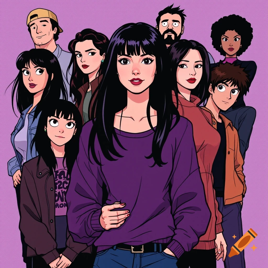 A group of stylized people from a tv show in a comic art style
