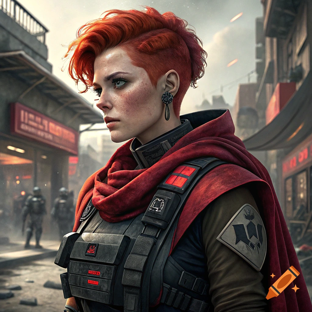 A woman with red hair and green eyes in futuristic tactical gear with a red cape stands in a city street.