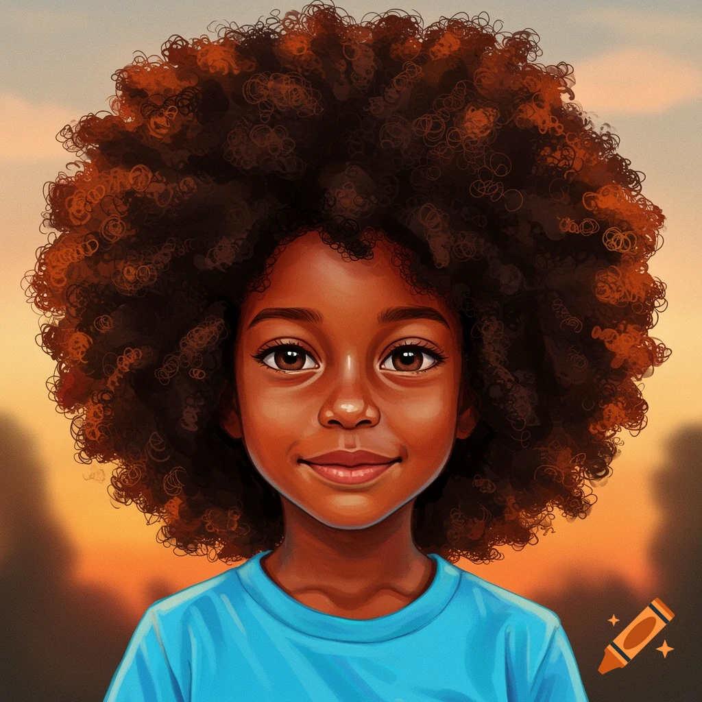 Image of a child with a large afro wearing a blue shirt against a warm sunset background.