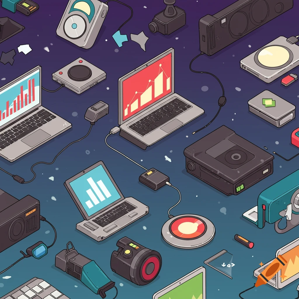 Isometric cartoon illustration of various electronic devices like laptops, cameras, and speakers on a gradient background.