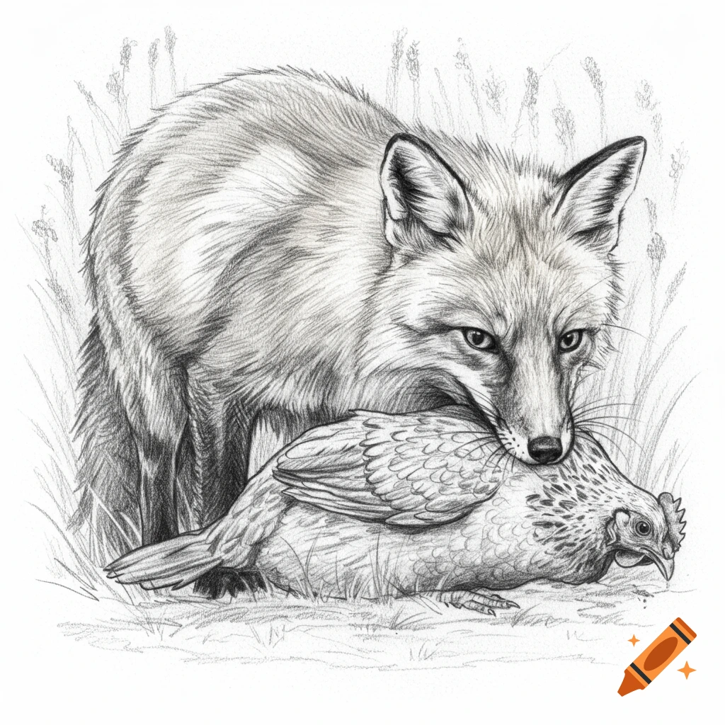 A pencil sketch of a fox holding a chicken in its mouth, standing in a grassy field.