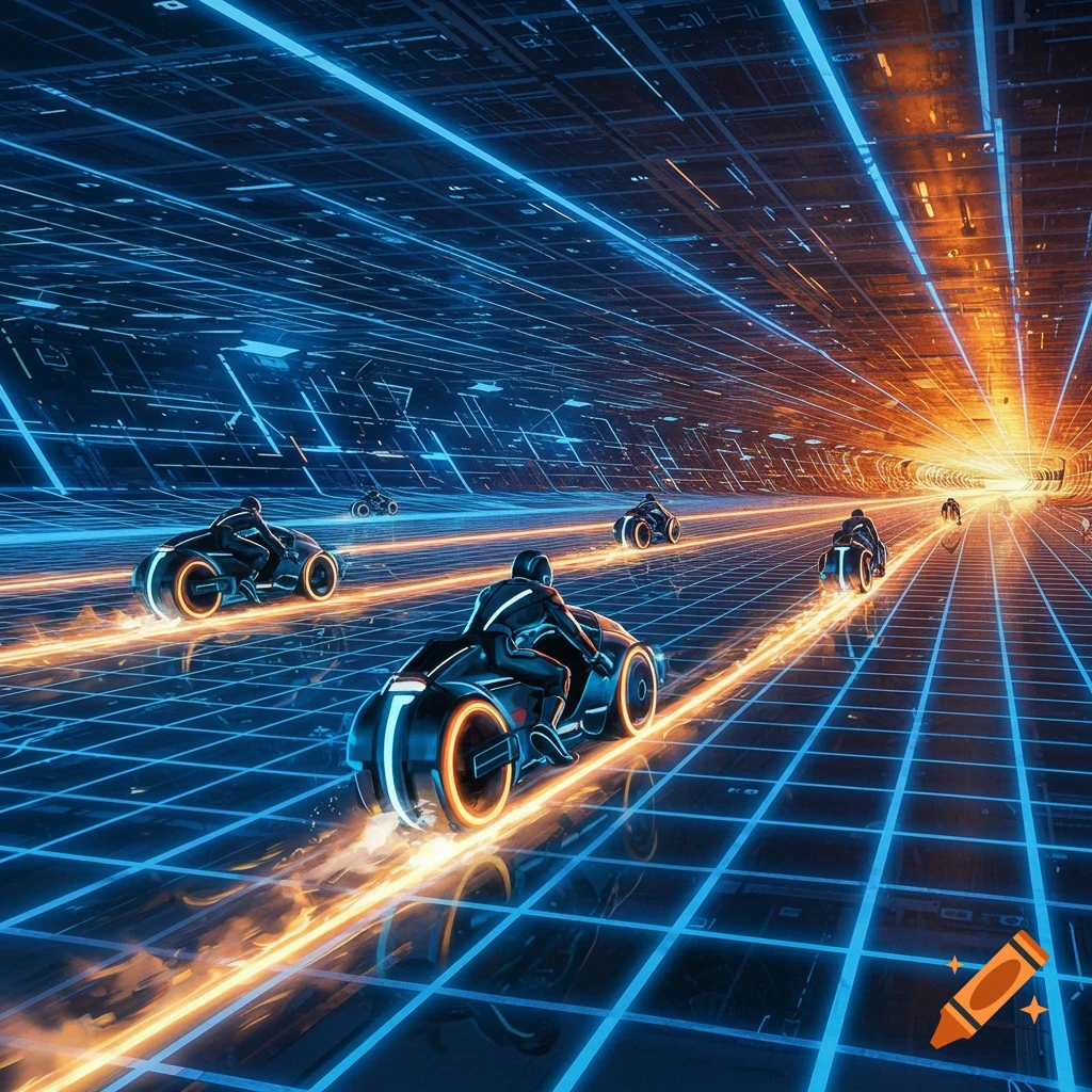 Light cycles race on a glowing blue grid in a tunnel, Tron Legacy style