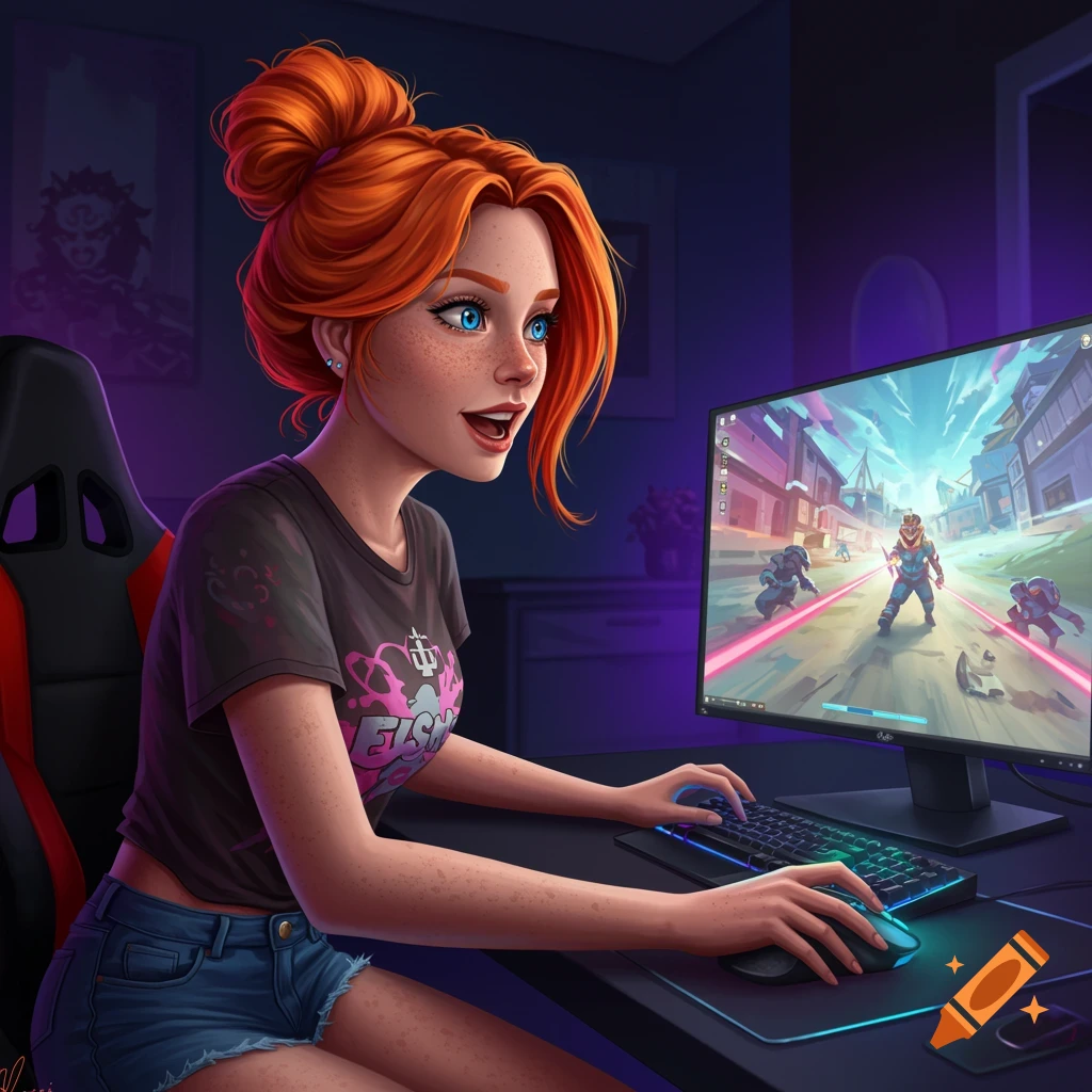 A freckled redhead woman playing a video game on a PC.