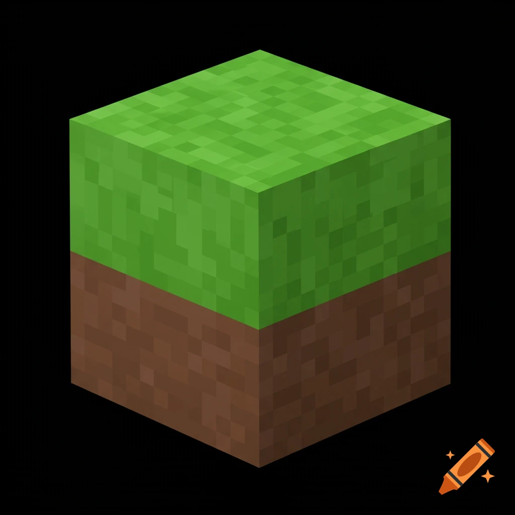 A pixelated Minecraft grass block against a black background.