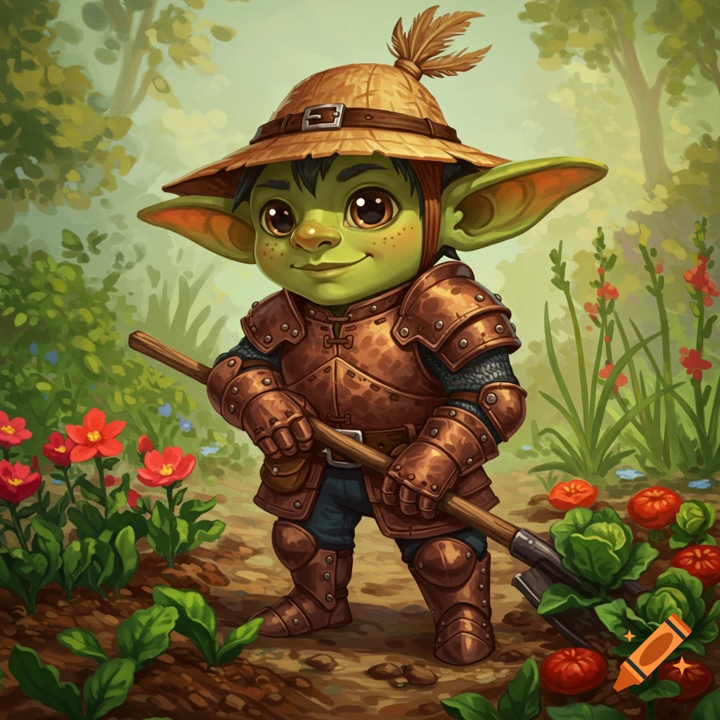A cute goblin farmer in leather armor holding a shovel in a garden.