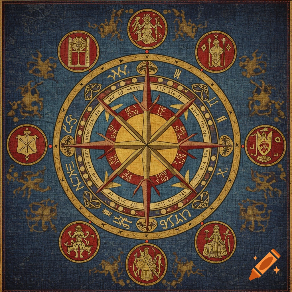 A complex circular symbol with a central star, surrounding figures, and intricate patterns is depicted on a blue background.