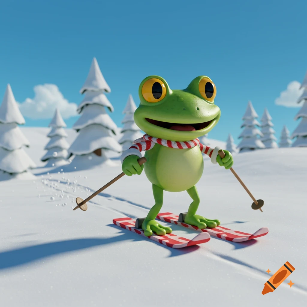 An animated green frog wearing a striped scarf skis down a snowy hill with trees.