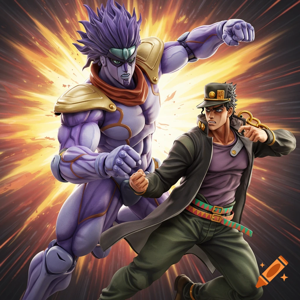 Anime style rendering of Jotaro Kujo and Star Platinum charging forward.