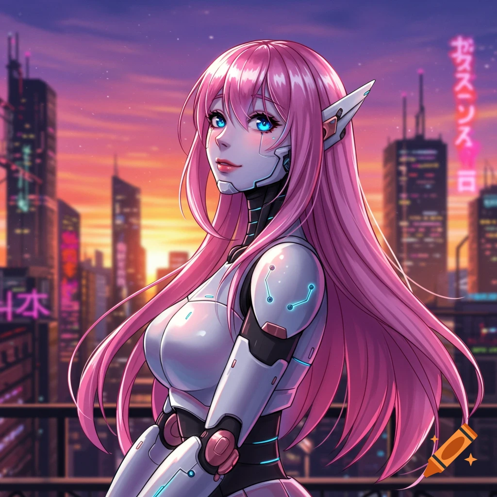 Anime illustration of a robot girl with pink hair against a cyberpunk city sunset.