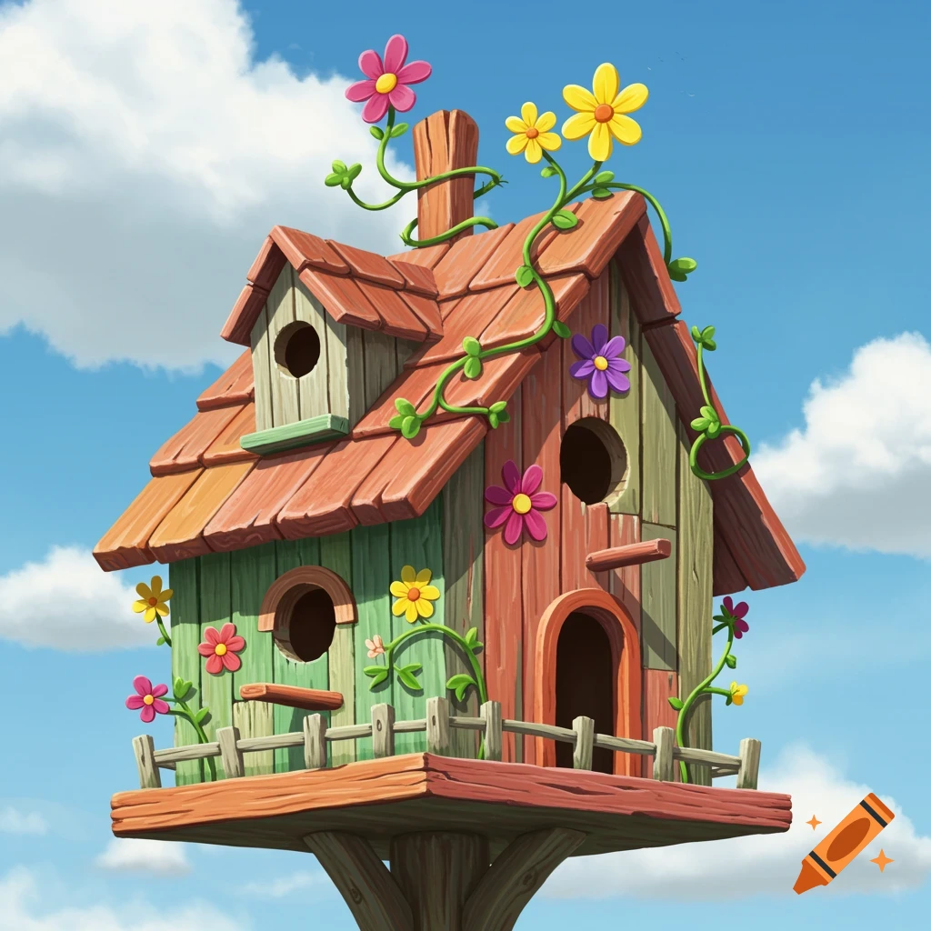A vibrant birdhouse covered in colorful flowers and vines against a blue sky.