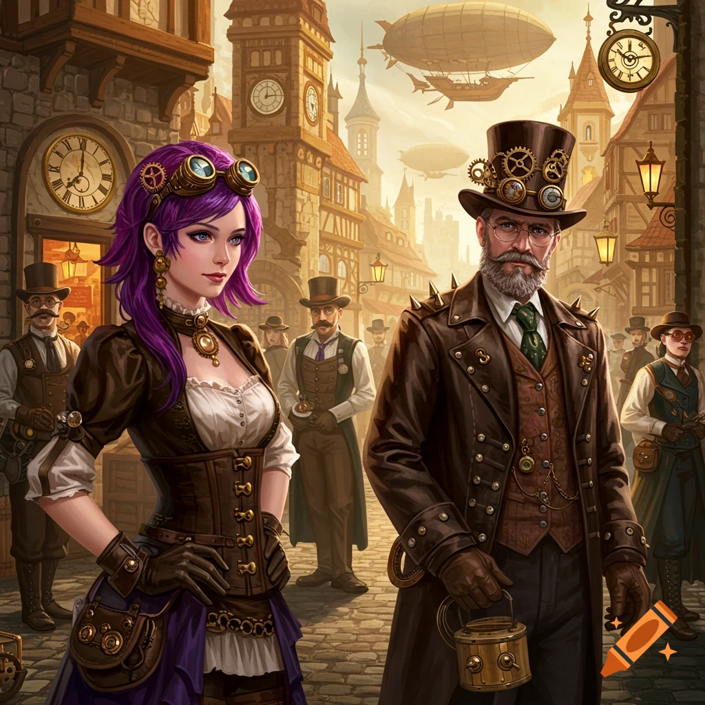 Steampunk man and woman in a city street with airships.