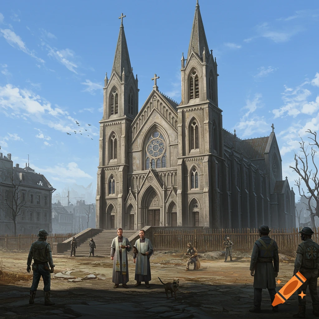 Large stone church in a post-apocalyptic town with priests and survivors, concept art style.