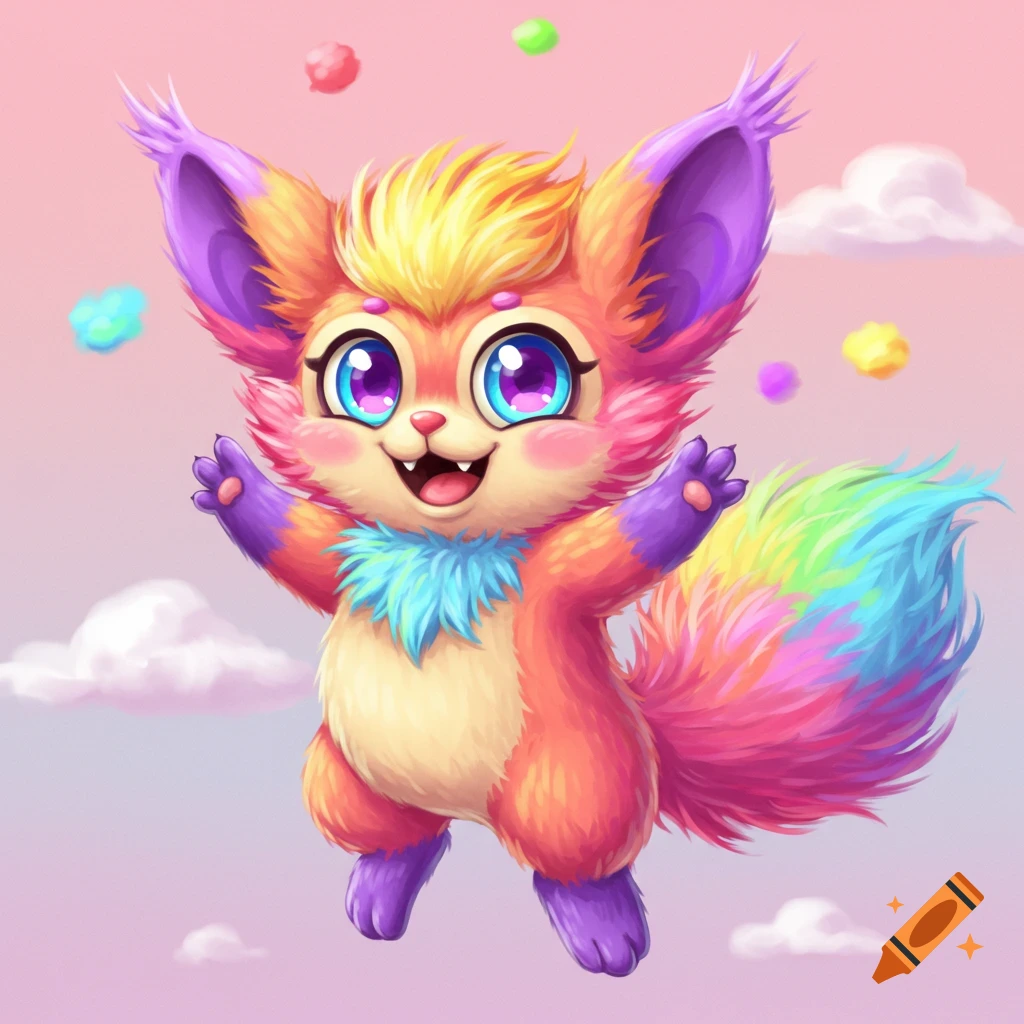 A bright, fluffy fantasy creature with large eyes and a rainbow tail floats in a pink sky.