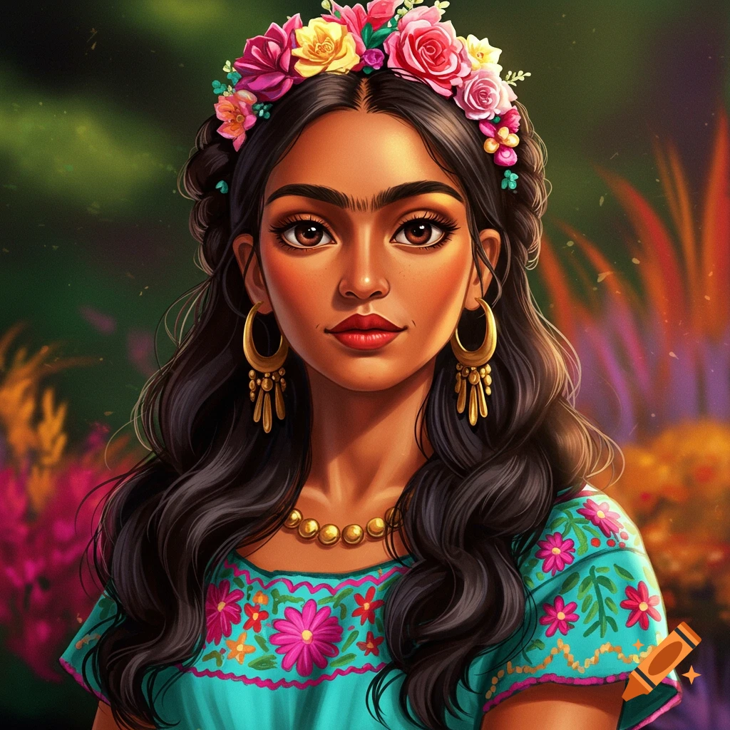 Portrait of a Latina woman with a flower crown and embroidered dress.