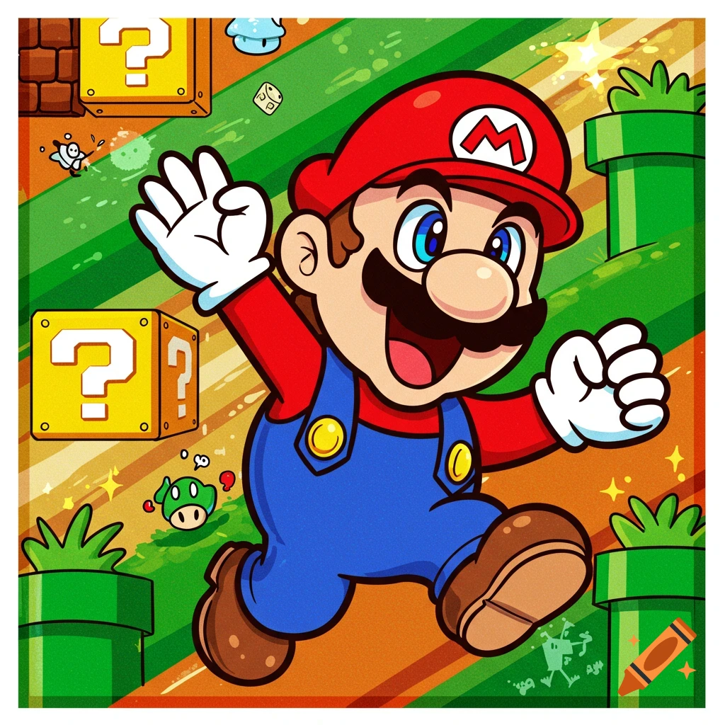 Mario jumping in a Super Mario level with question blocks and enemies.
