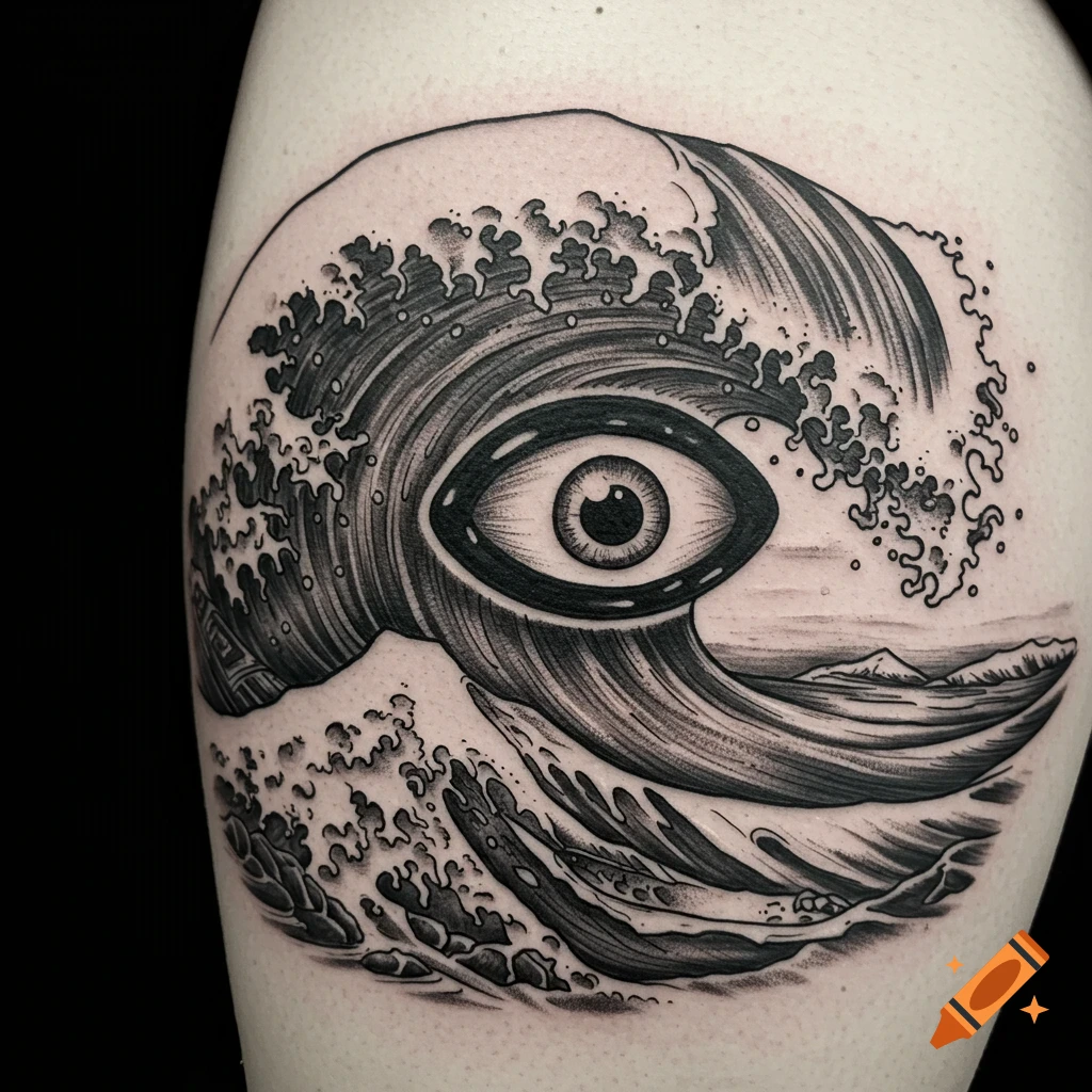 Black and white tattoo of a wave with a large eye inside, with a landscape in the background.