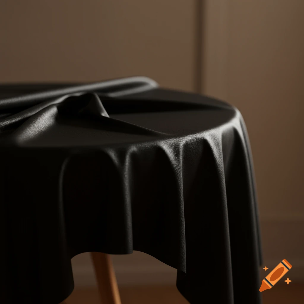A round table draped with smooth black fabric in soft light