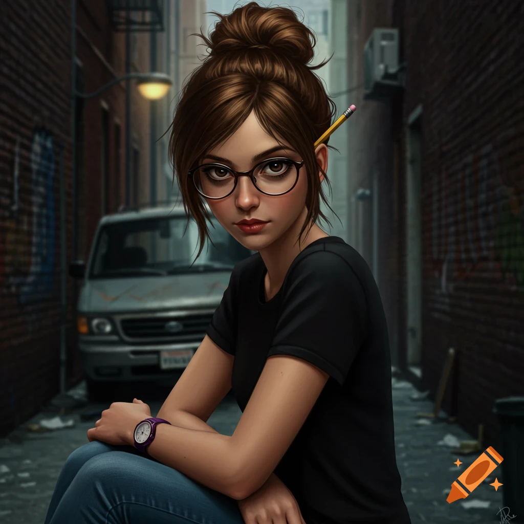 A woman with a messy bun, glasses, and purple watch sits in an alleyway with a van behind her.