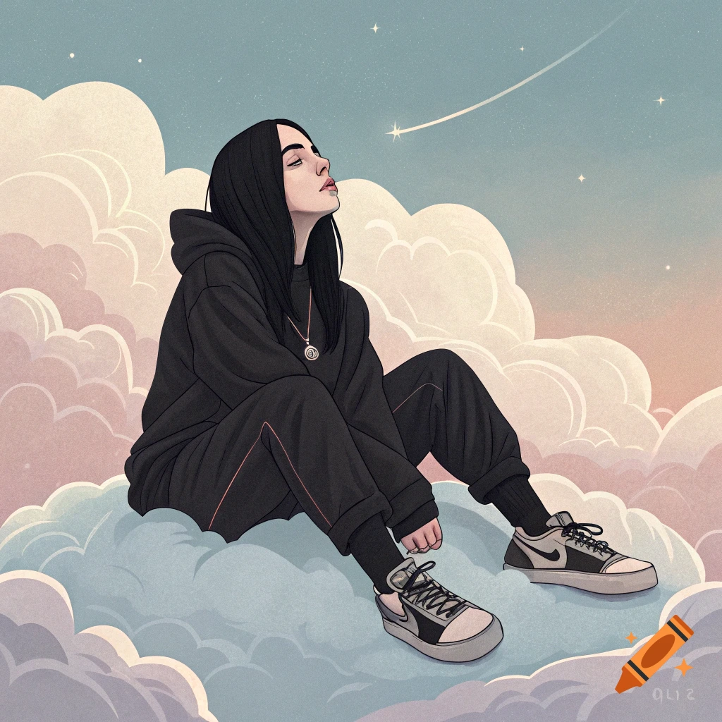 Illustration of a person sitting on clouds, looking up at a shooting star in a pastel sky.