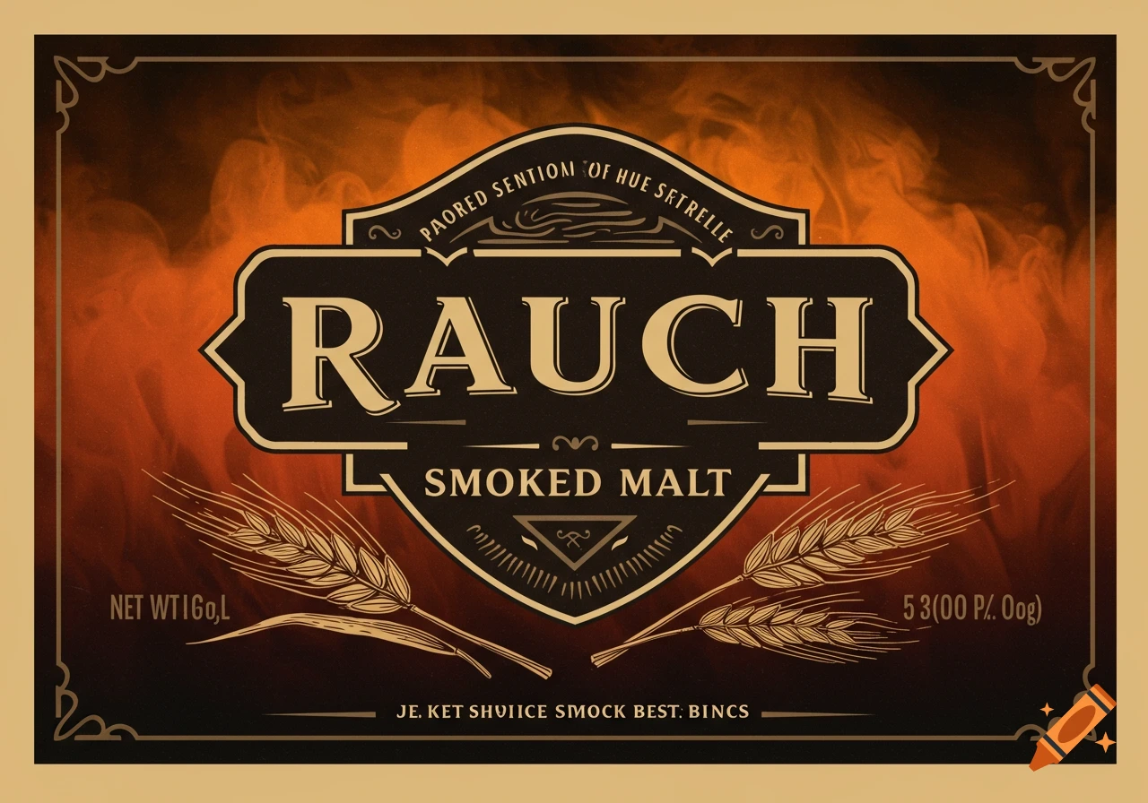 Product label for smoked malt with barley and smokey background