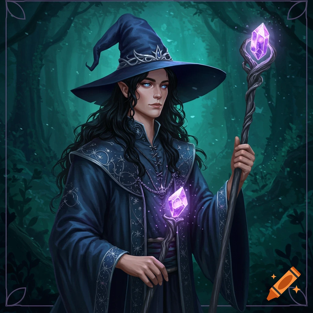 An elf wizard holds a glowing crystal staff in a forest.