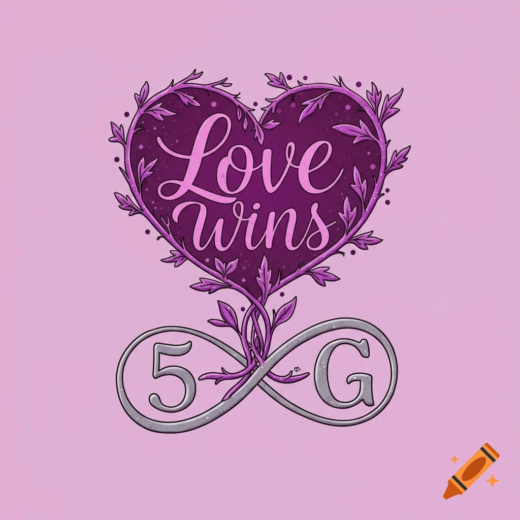 Illustration of a heart made of purple vines and leaves, containing the text 'Love Wins'. Below it is a silver infinity symbol with '5 G' text integrated.