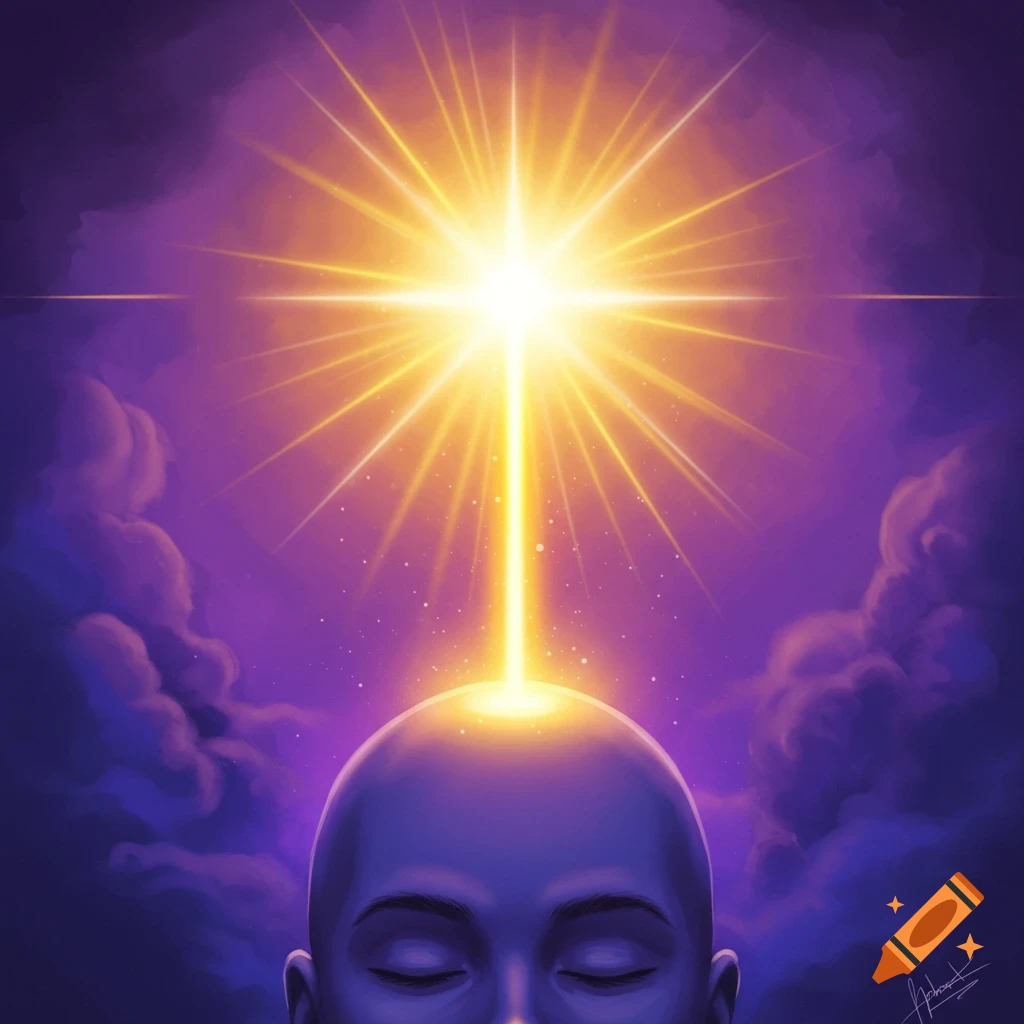A person meditating with a bright beam of light emanating from their head towards a star in a cloudy purple sky.
