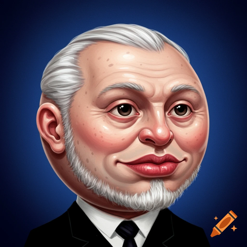 A cartoonish man with white hair, a short beard, and large lips, wearing a suit.
