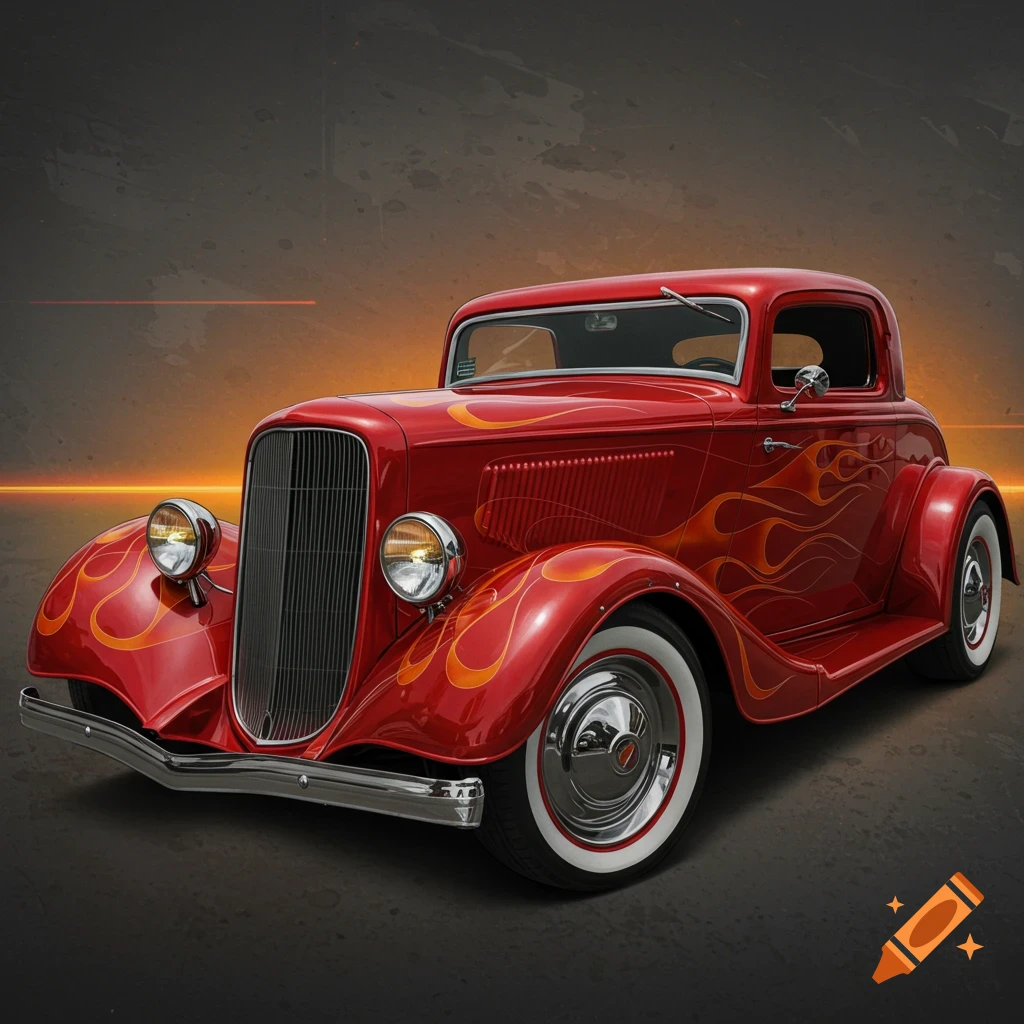 A red hot rod with flame decals.