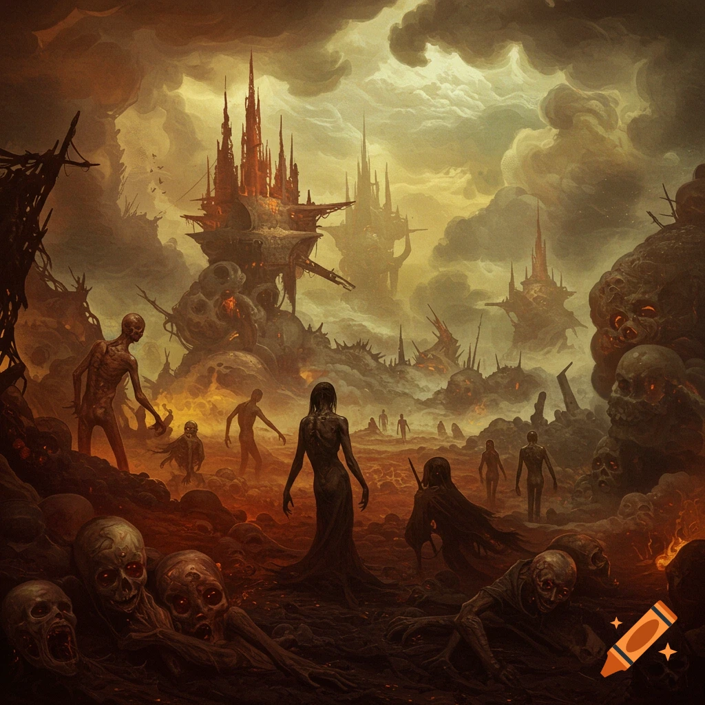 A hellish landscape with distorted figures, skulls, and decaying structures under a fiery sky.