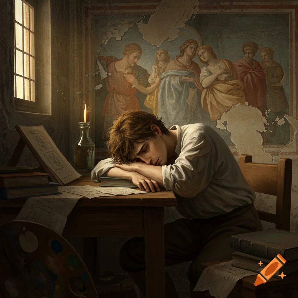 A young man is asleep on a desk surrounded by books, papers, and art supplies. The scene is lit by a single candle, and behind him, there is a damaged classical mural.