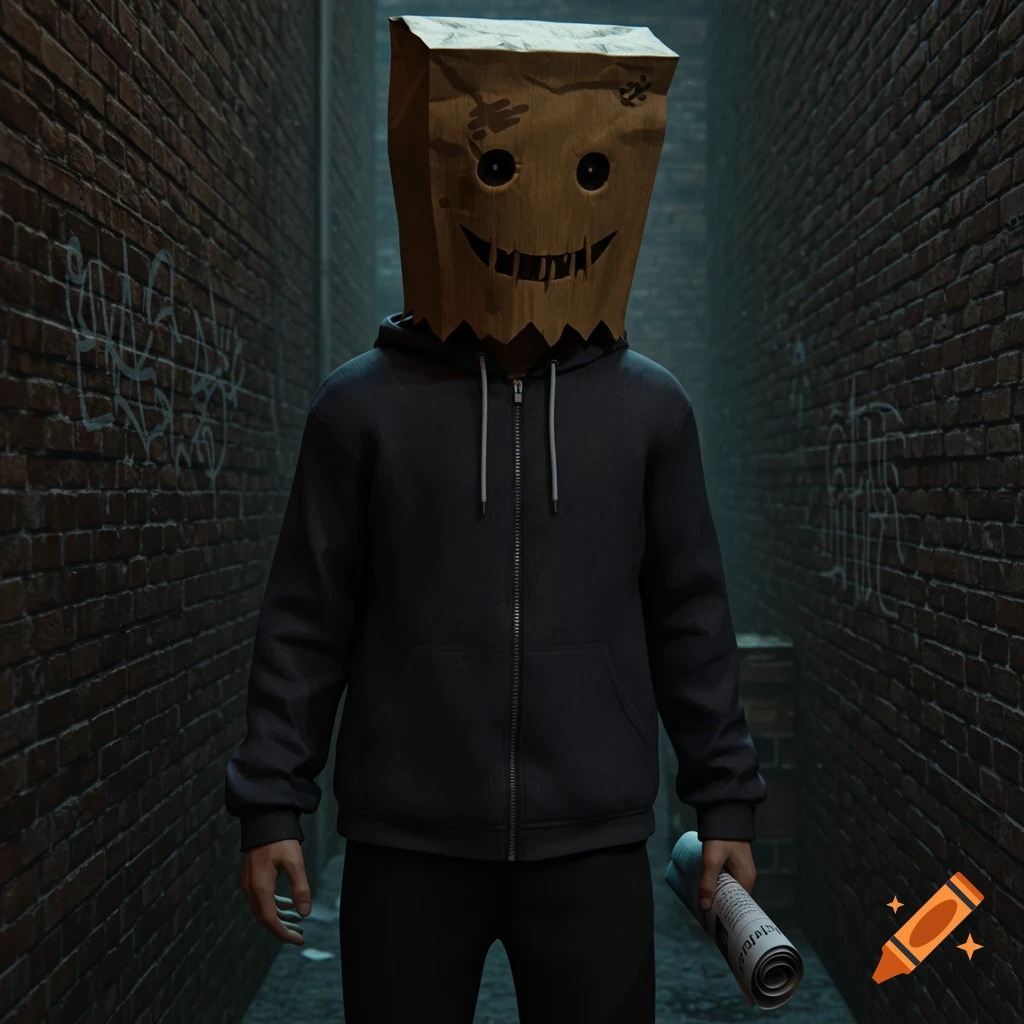 A person is wearing a paper bag mask and hoodie in a dark alley, holding a newspaper and spray can.