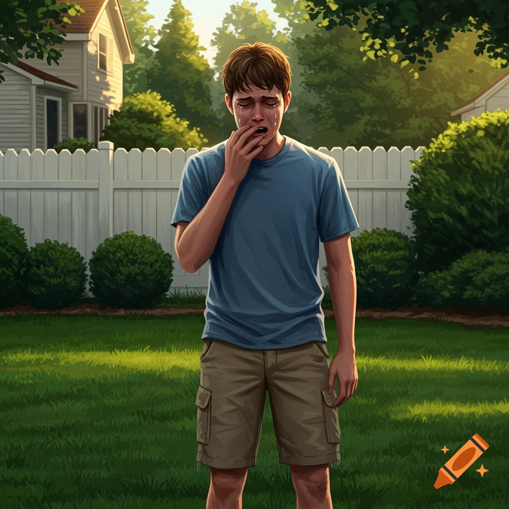 A young man cries in a suburban backyard.