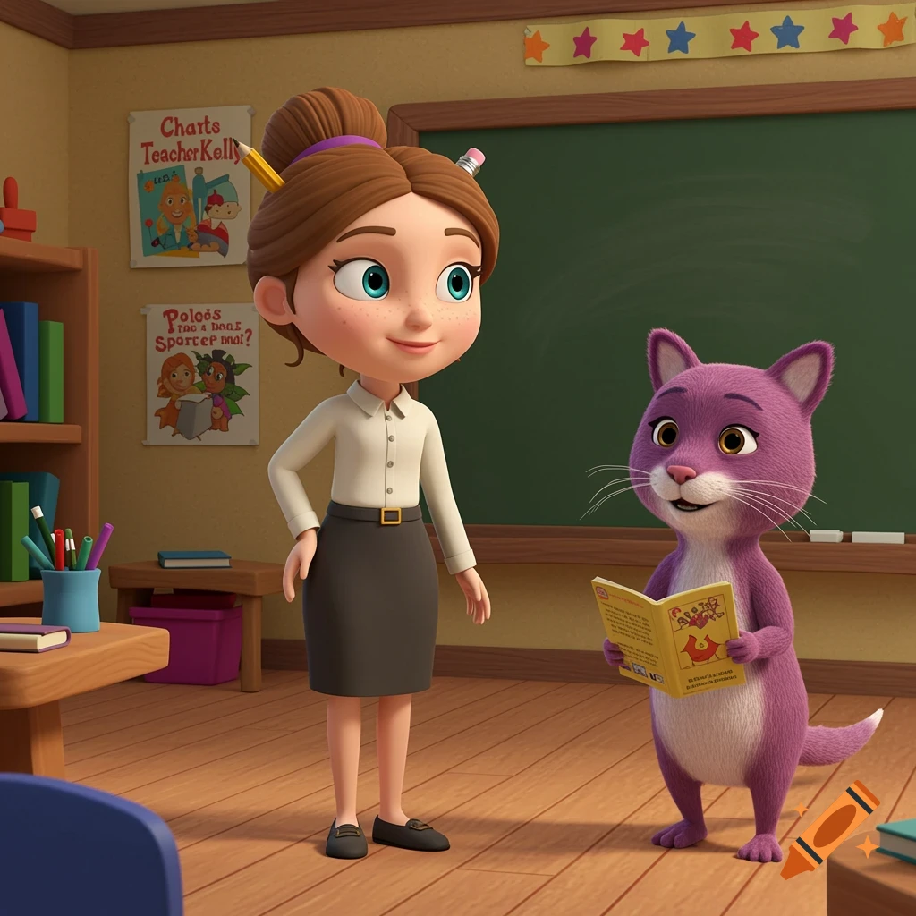 Cartoon teacher and purple cat reading a book together in a classroom.