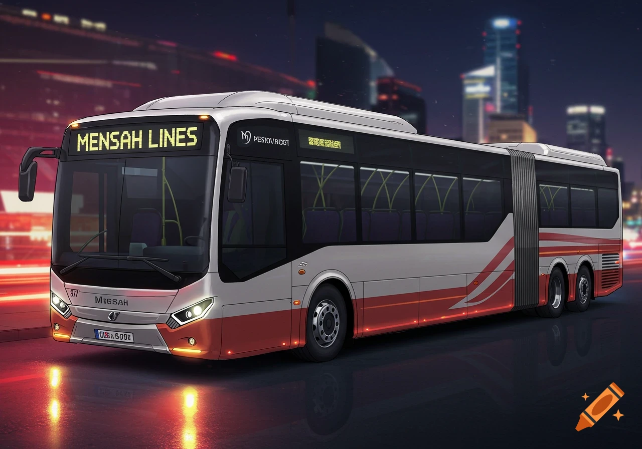 A modern futuristic articulated bus with 'Mensah Lines' text on it, at night in a city.