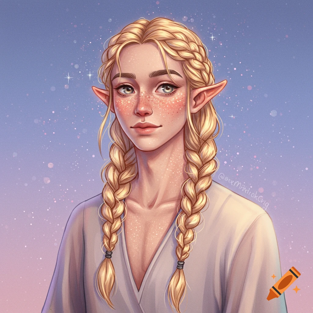 Portrait of a blonde elf with braided hair and glowing freckles against a starry sky.