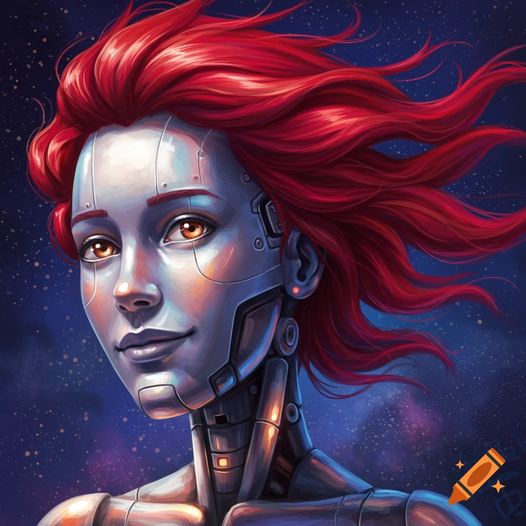 A red-haired, human-like robot is depicted in a portrait against a starry background.