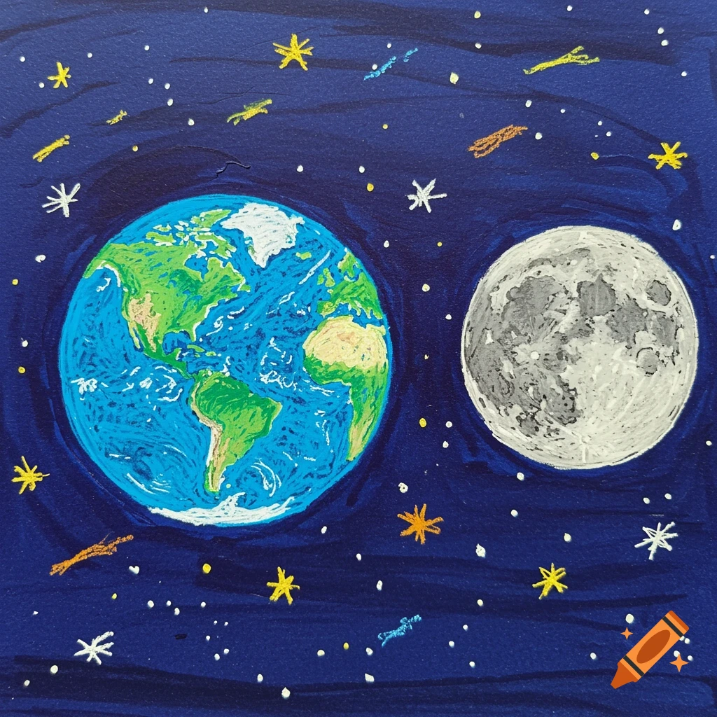 Childlike crayon drawing of Earth, the Moon, and stars in a deep blue space background.