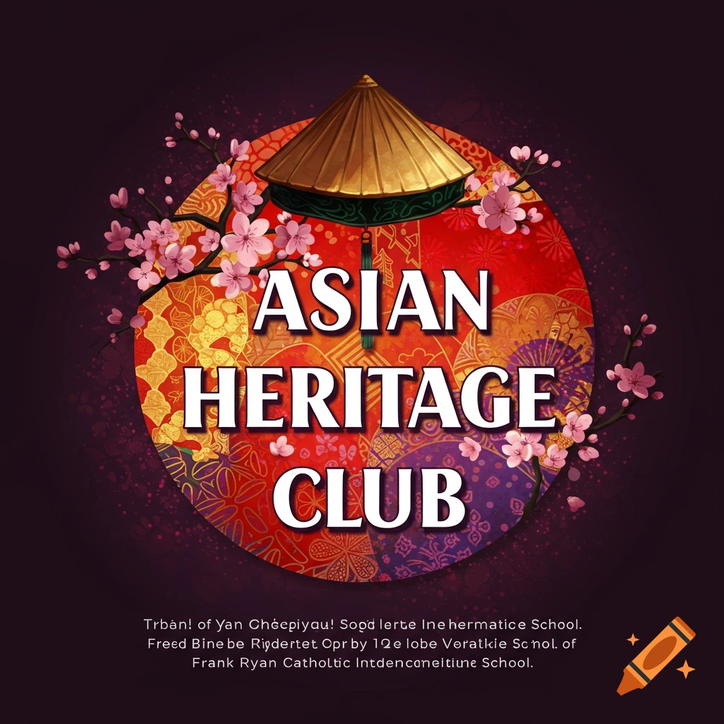 Graphic for Asian Heritage Club with cherry blossoms, conical hat, and patterned circle