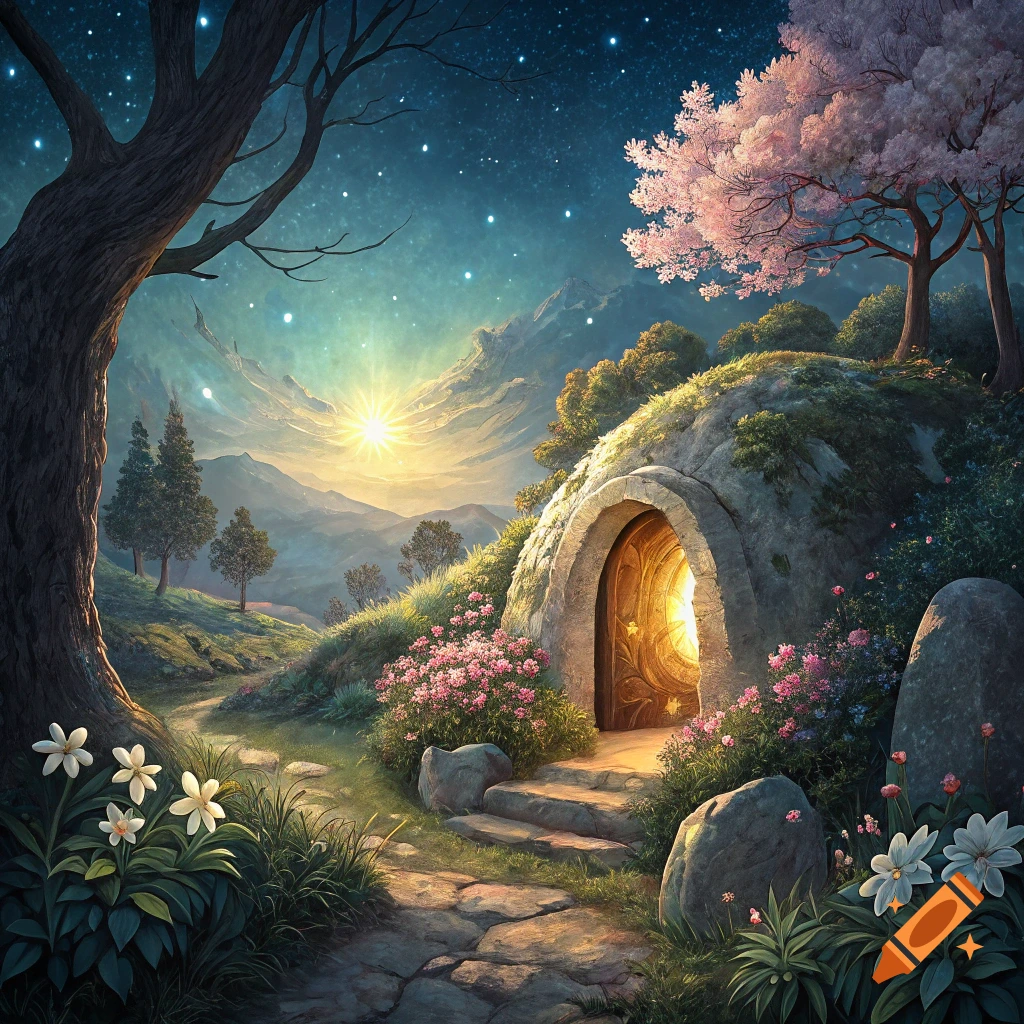 A glowing doorway in a hillside with flowers, trees, a starry sky, and a sunrise over mountains.