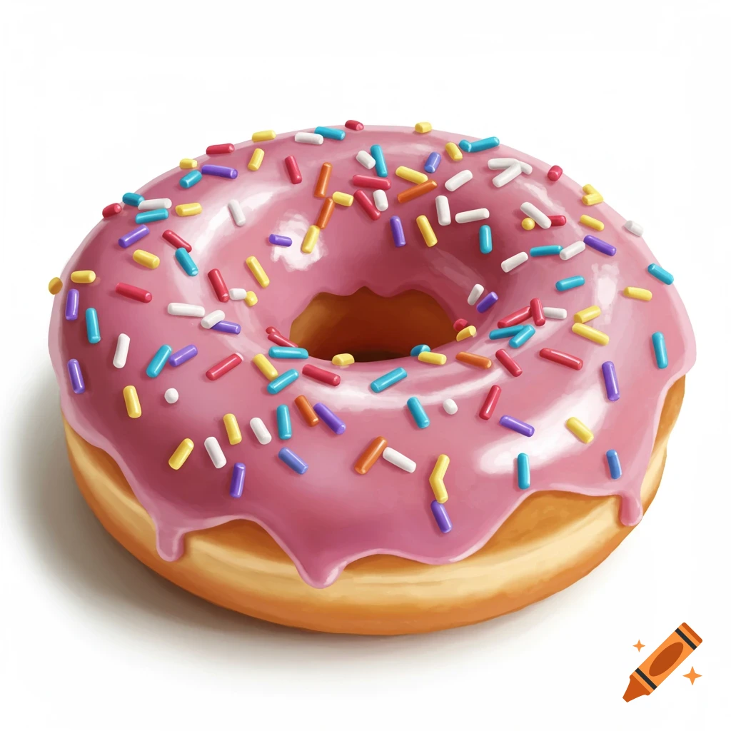 A pink frosted donut with colorful sprinkles.