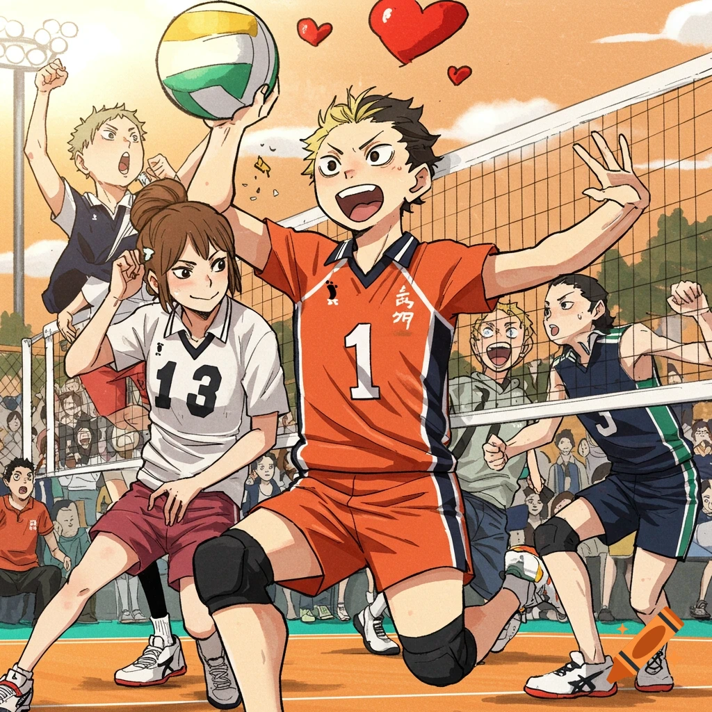Lively anime style depiction of characters playing volleyball on a court with spectators.