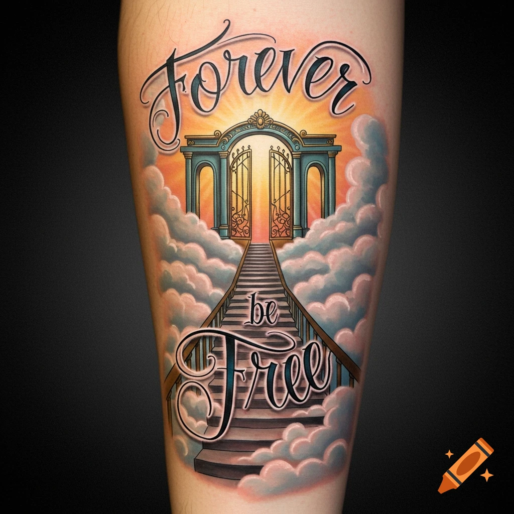 Forearm tattoo of stairs to heaven gates with clouds on Craiyon