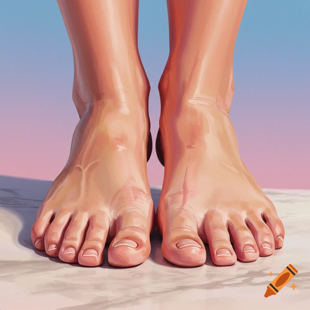 A pair of human feet on a light surface with a gradient background.
