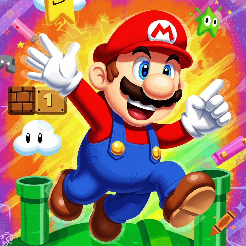 Super Mario jumping among game elements.