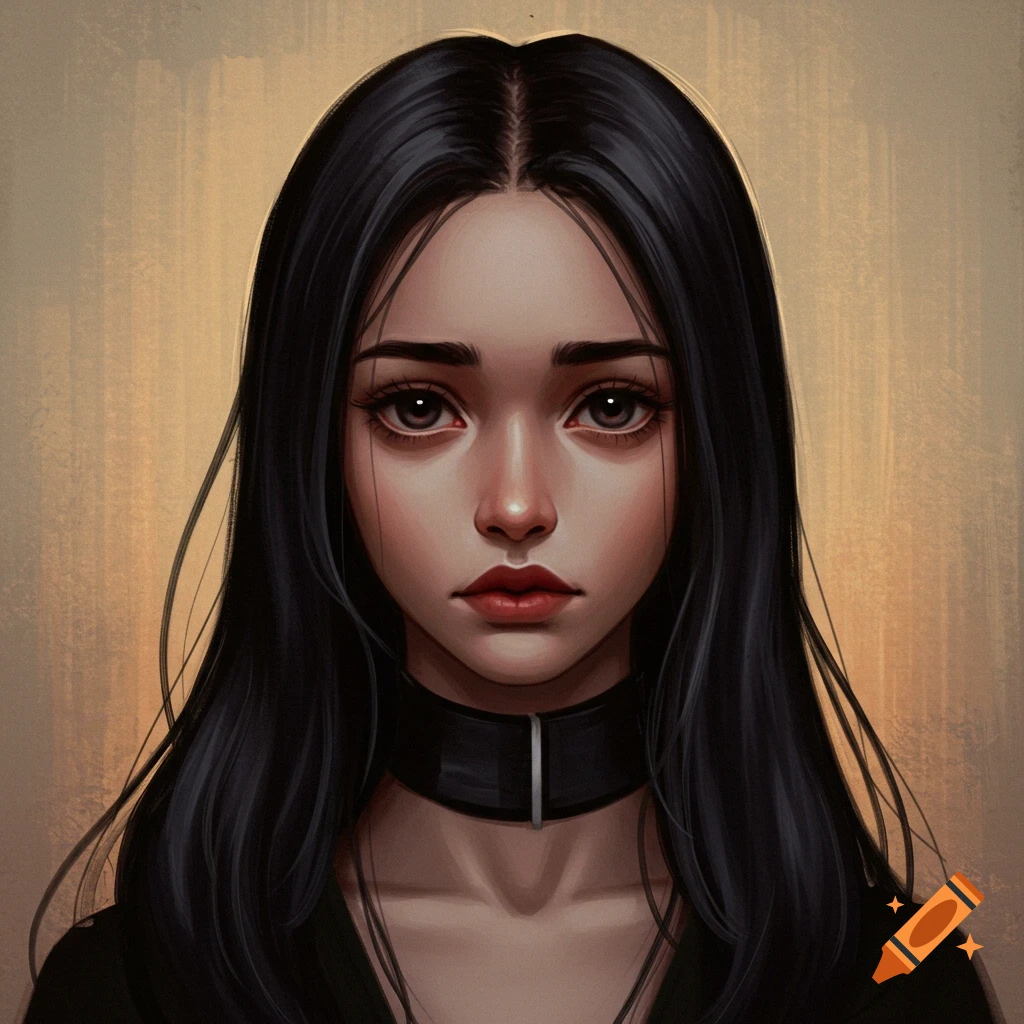 portrait of a woman with long black hair and a black collar