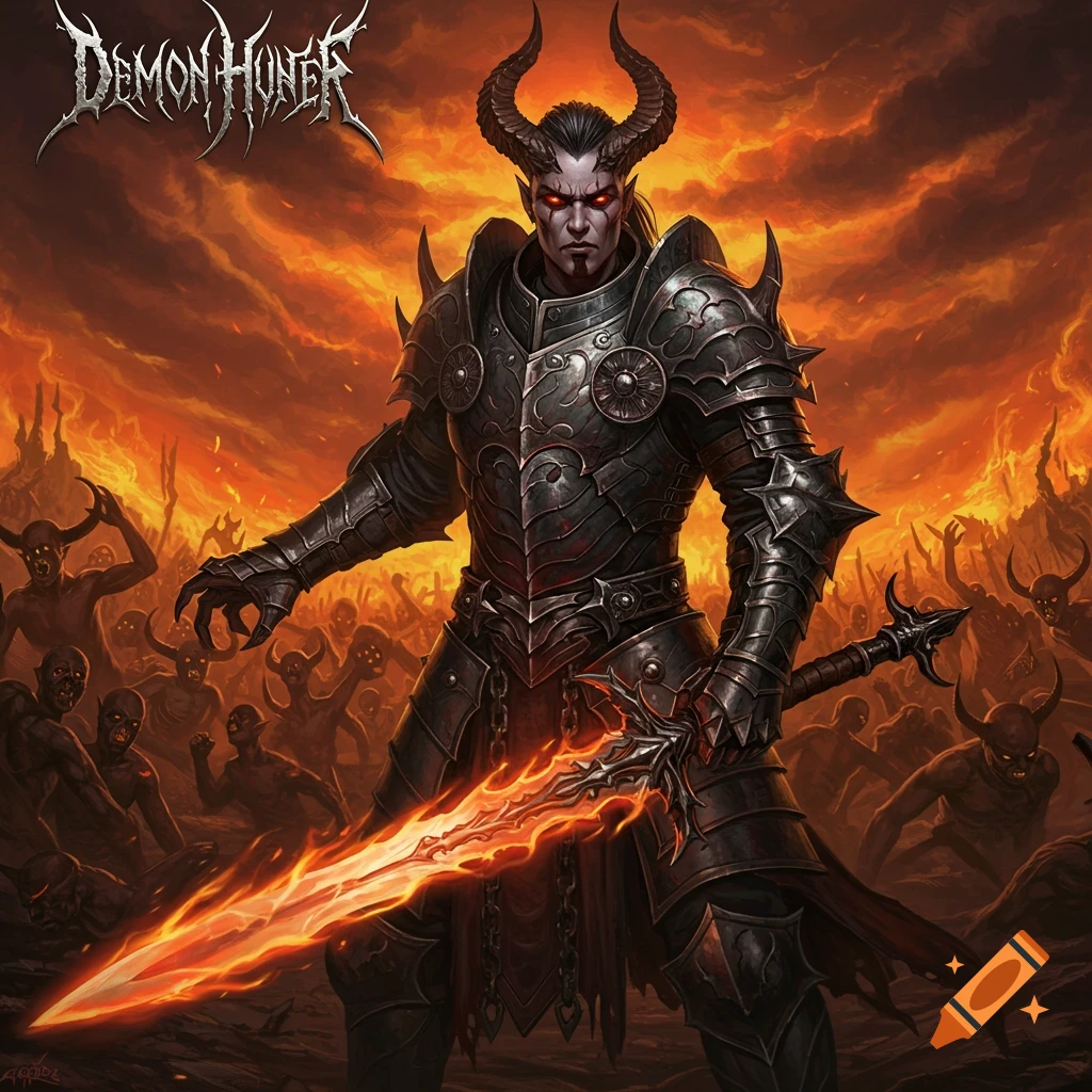 Album art of a demonic figure in armor with a fiery sword standing before a horde of demons in a fiery landscape.